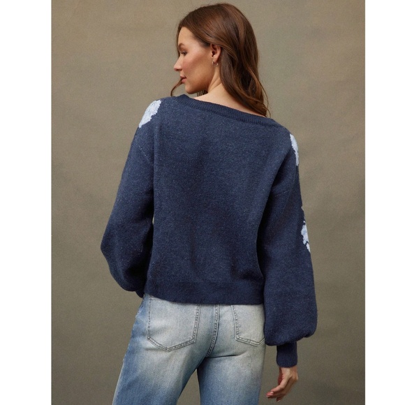 Floral Print Navy Blue Knit Round Neck Long Sleeve Pullover Sweater - Picture 5 of 6